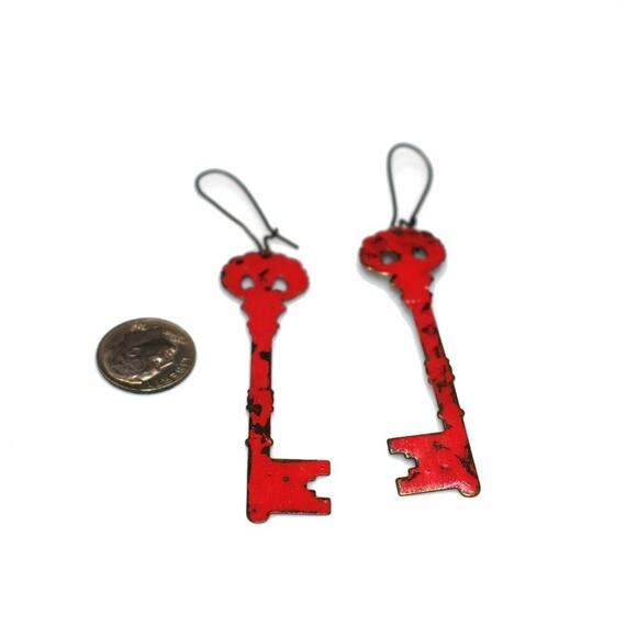 Vintage Red Enamel Key Earrings, Rustic Artisan Long Ear Wire Earrings, 3 1/2" - Picture 10 of 10